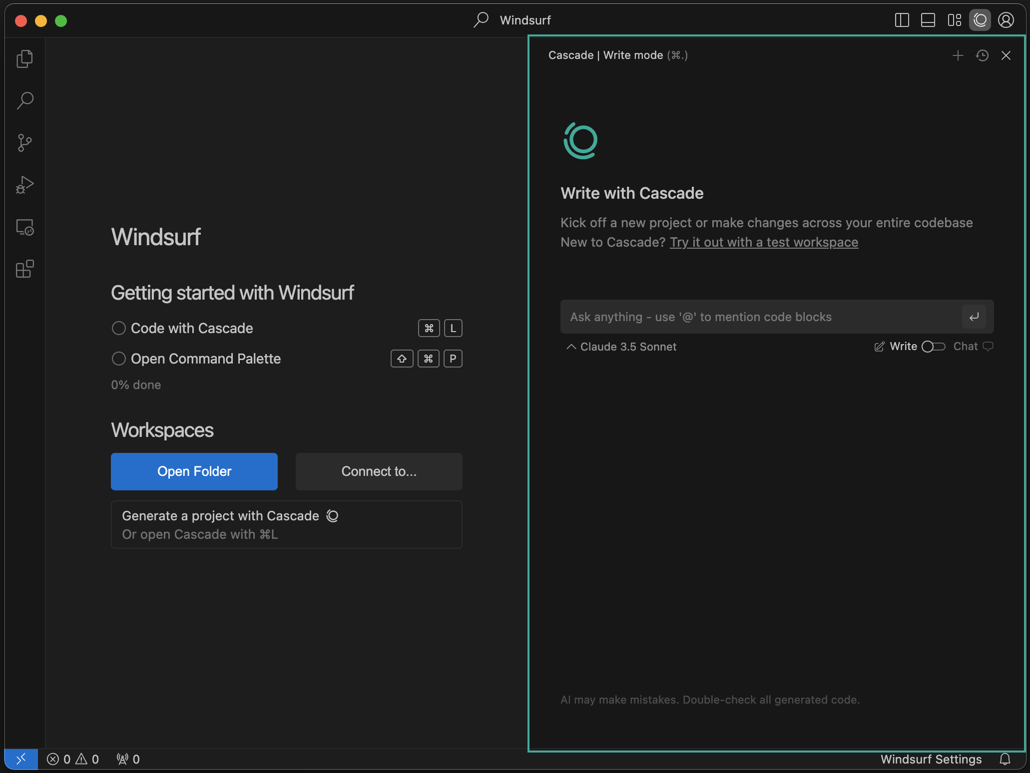 Windsurf IDE showing Cascade write mode panel with Claude model selection