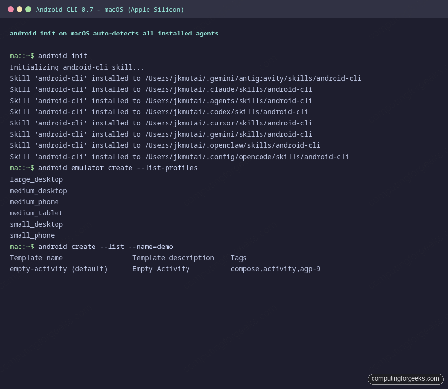 android init detecting Claude Code, Codex, Cursor, Gemini, and OpenCode agent directories on macOS