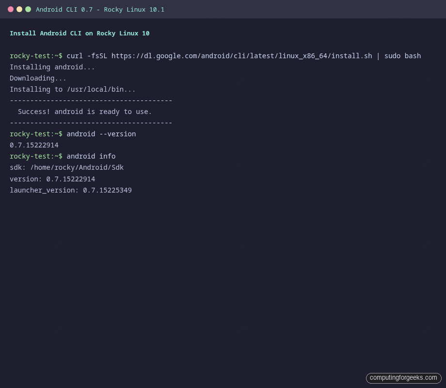 Install Android CLI 0.7 on Rocky Linux 10 terminal output