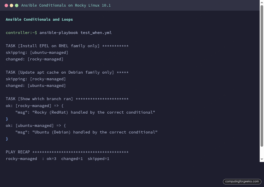 Use Ansible Conditionals and Loops for Control Flow 1 Ansible when conditionals running OS-specific tasks on Rocky Linux and Ubuntu