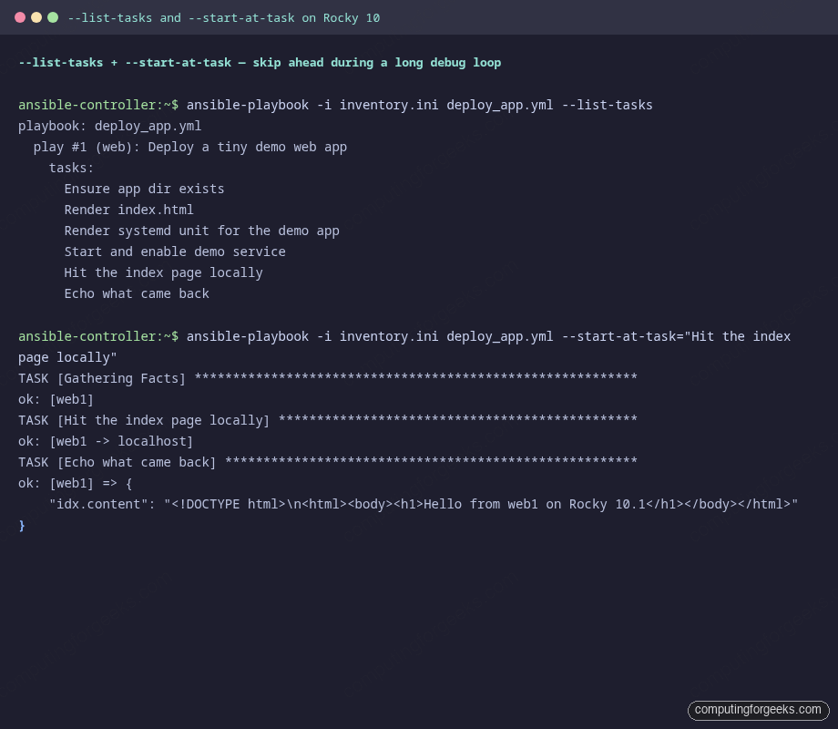 ansible-playbook list-tasks start-at-task output on Rocky 10