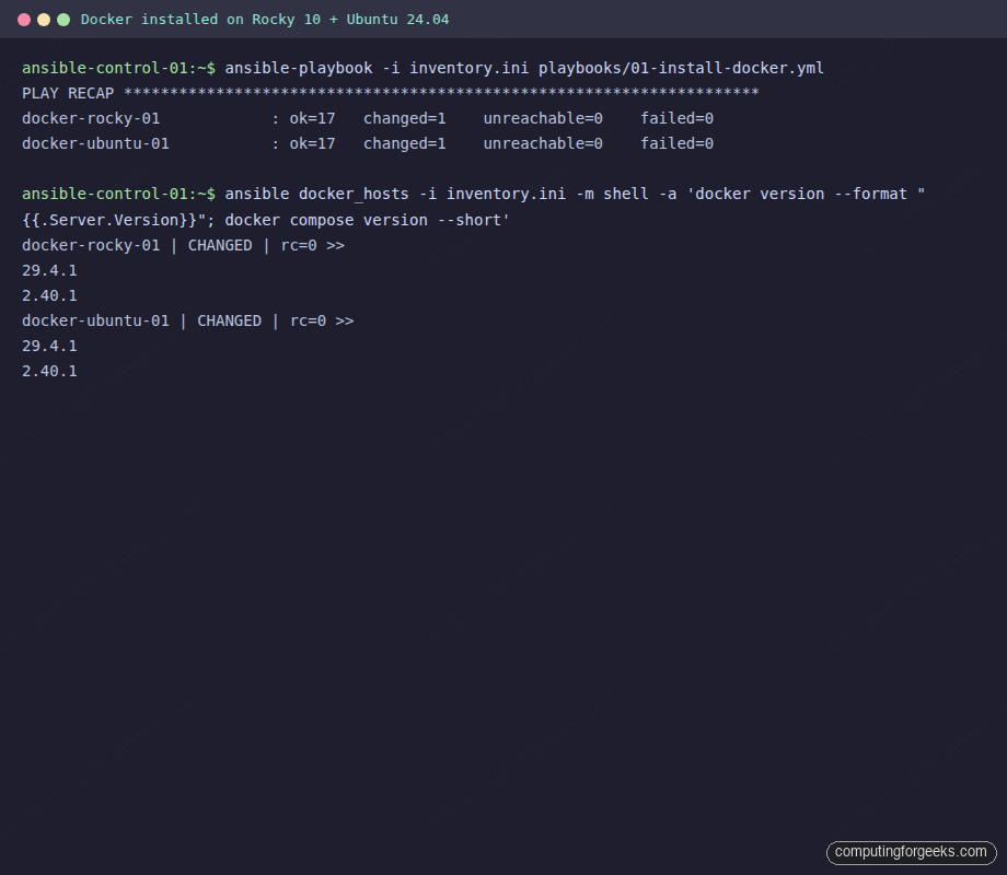 docker version and compose version output on Rocky 10 and Ubuntu 24.04 after Ansible install