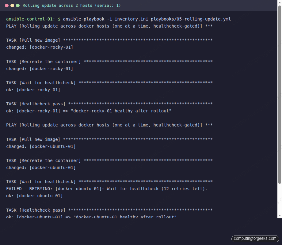 Ansible rolling update PLAY RECAP showing serial: 1 across docker-rocky-01 then docker-ubuntu-01