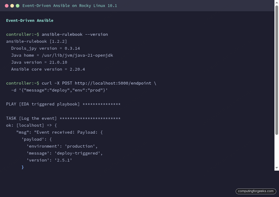 Event-Driven Ansible webhook triggering a playbook on Rocky Linux 10.1