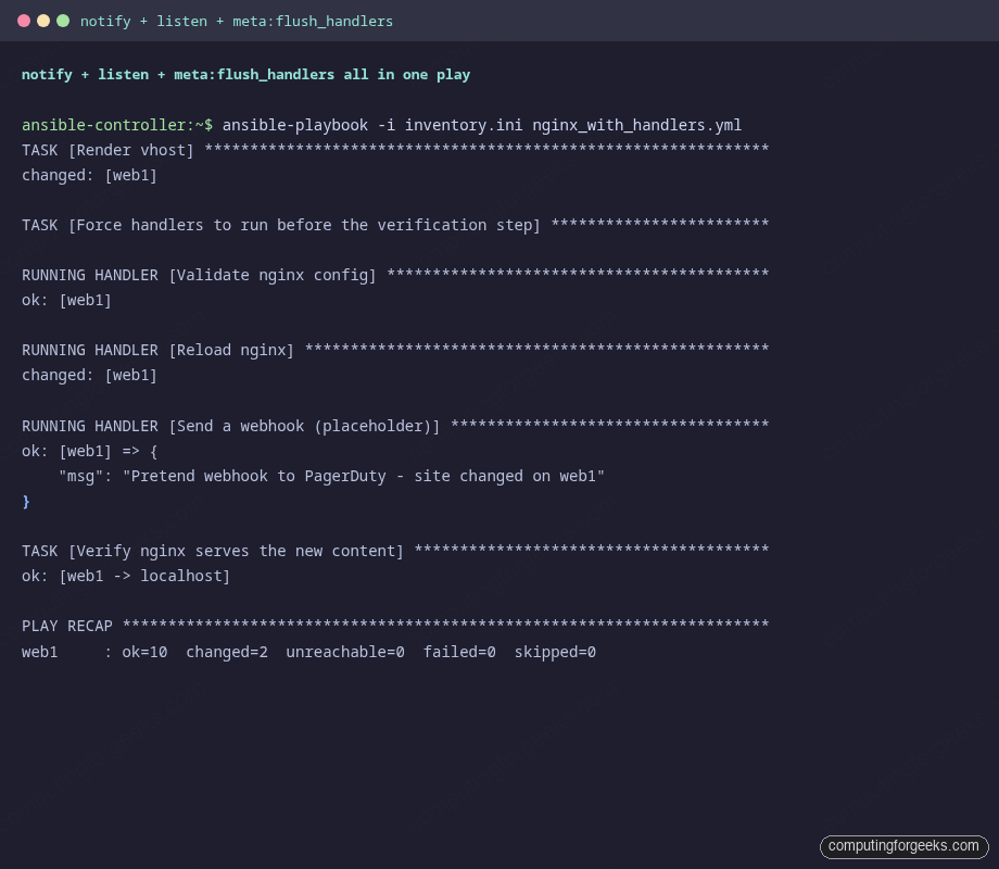 ansible-playbook RUNNING HANDLER Validate nginx Reload nginx Send webhook