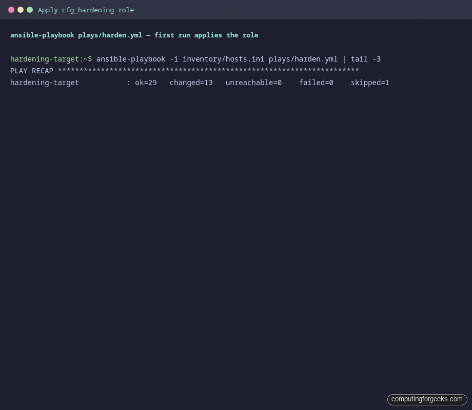 ansible-playbook PLAY RECAP 29 ok 13 changed 0 failed