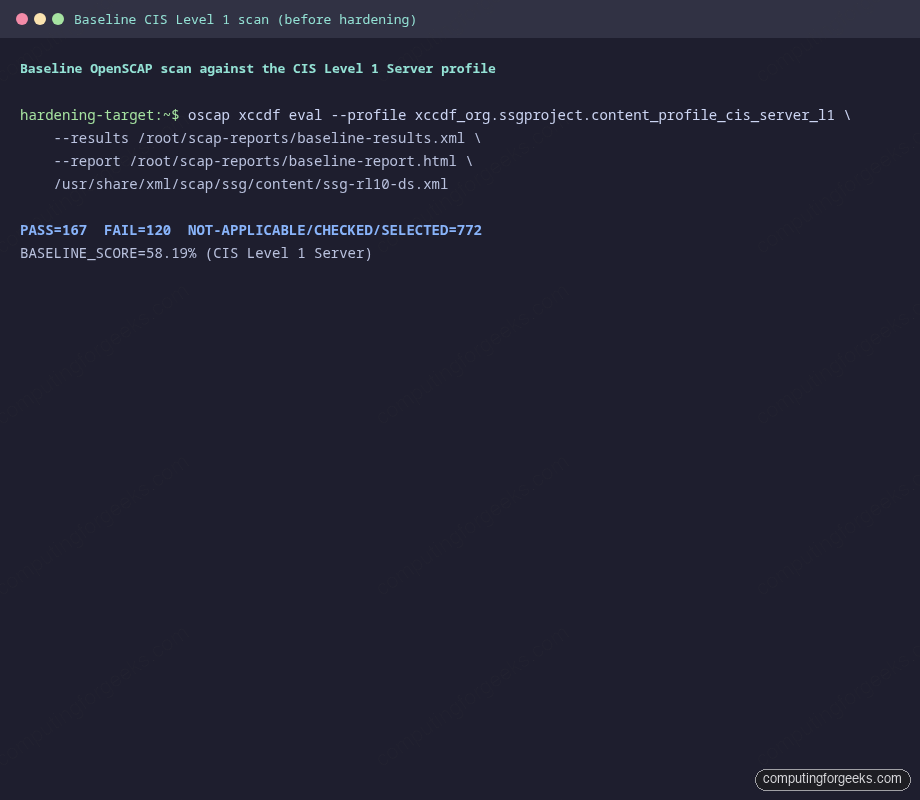 oscap xccdf eval CIS Level 1 Server baseline 58.19 percent