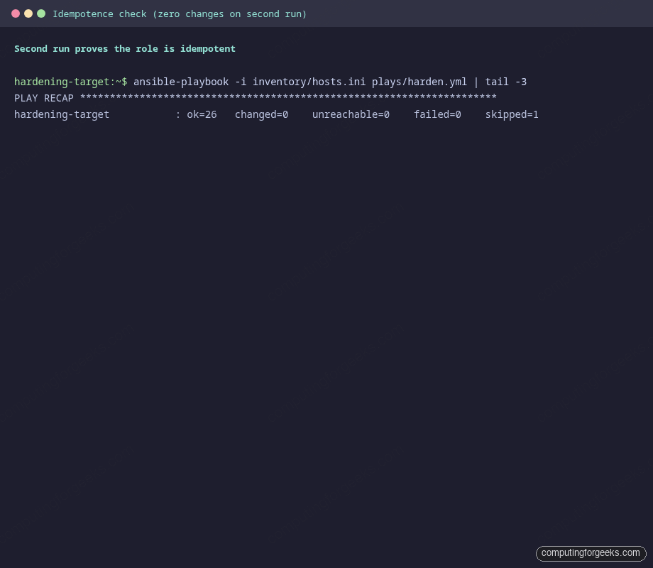 ansible-playbook second run PLAY RECAP 26 ok 0 changed 0 failed