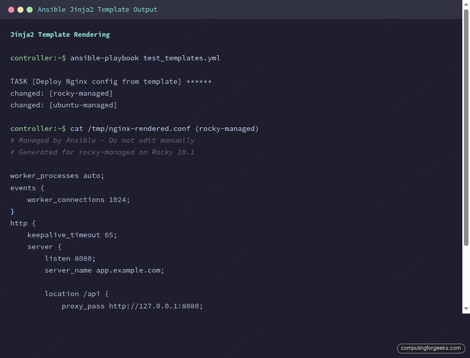 Configure Dynamic Config Files with Ansible Jinja2 1 Ansible Jinja2 template rendering Nginx config on Rocky Linux 10.1