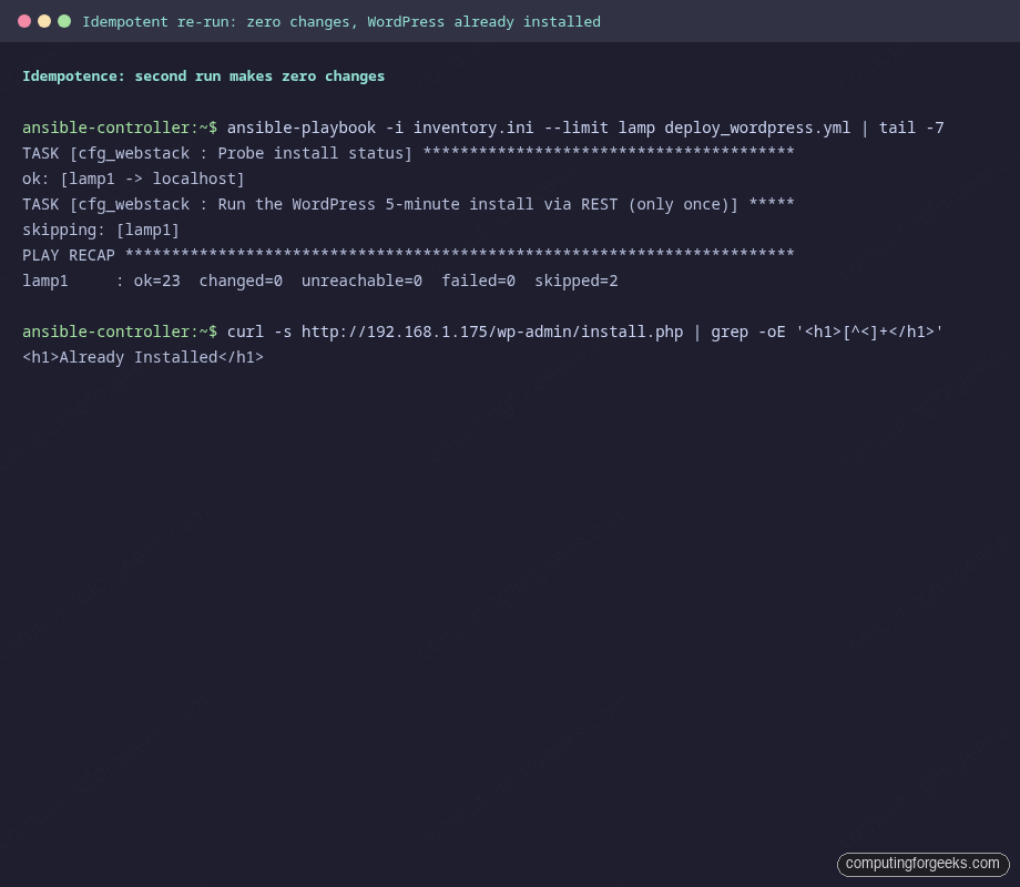 PLAY RECAP lamp1 ok=23 changed=0 wp-admin install.php Already Installed