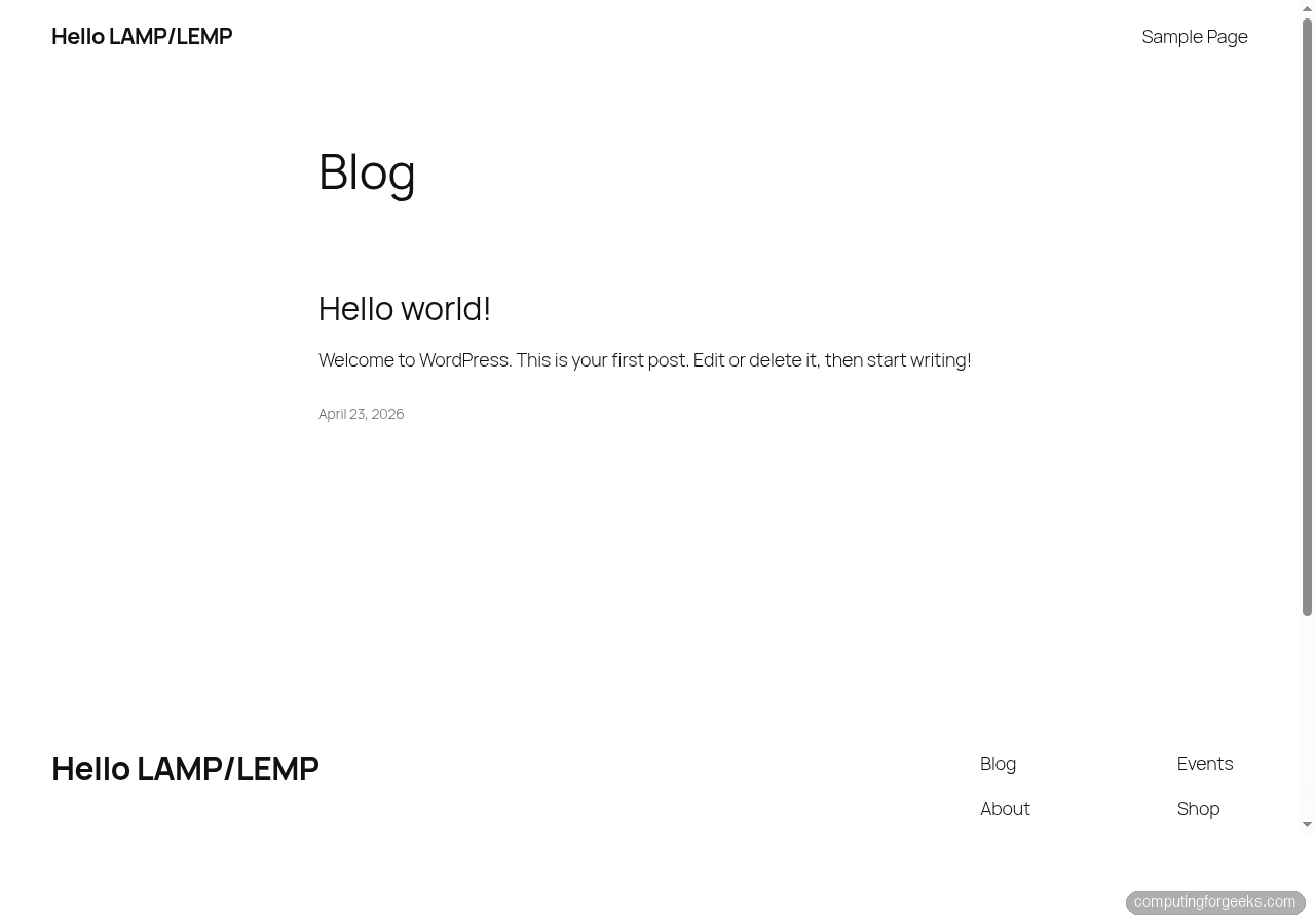 WordPress Hello LAMP/LEMP front page Hello world post Twenty Twenty-Five