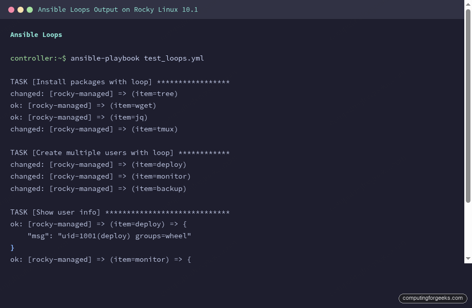 Use Ansible Conditionals and Loops for Control Flow 2 Ansible loop output creating packages and users on Rocky Linux 10.1