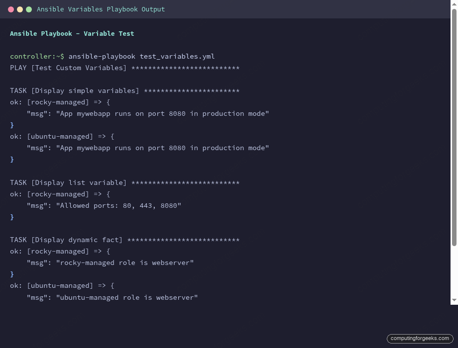 Ansible variables playbook output showing custom and dynamic variables