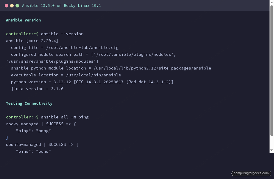 Ansible version and connectivity test on Rocky Linux 10.1