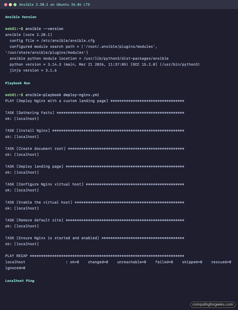 Ansible 2.20.1 version output and playbook run on Ubuntu 26.04 LTS