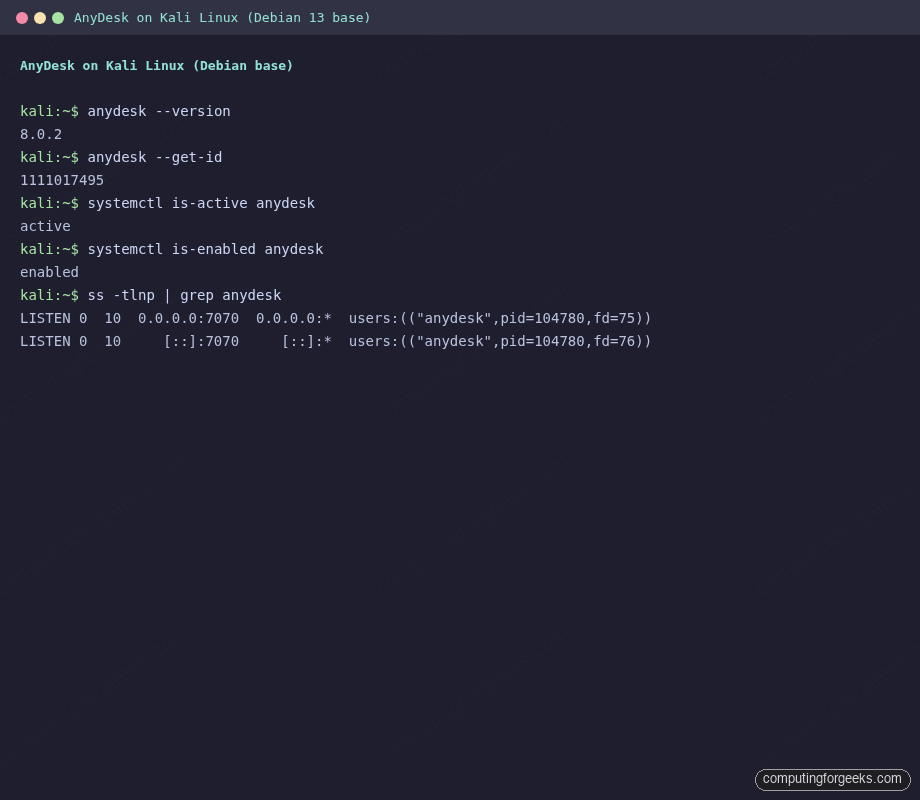 anydesk --version, anydesk --get-id and systemctl is-active anydesk output on Kali Linux