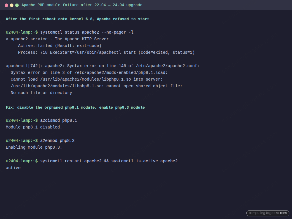 Apache PHP module error after the 22.04 to 24.04 upgrade and the a2dismod/a2enmod fix