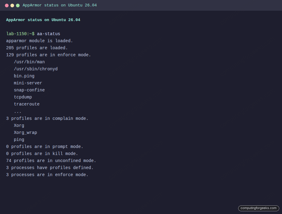 How To Configure AppArmor on Ubuntu 26.04 LTS 1 aa-status output on Ubuntu 26.04 showing loaded and enforced AppArmor profiles