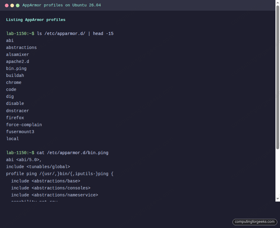 How To Configure AppArmor on Ubuntu 26.04 LTS 2 Listing AppArmor profiles in /etc/apparmor.d and viewing the ping profile on Ubuntu 26.04