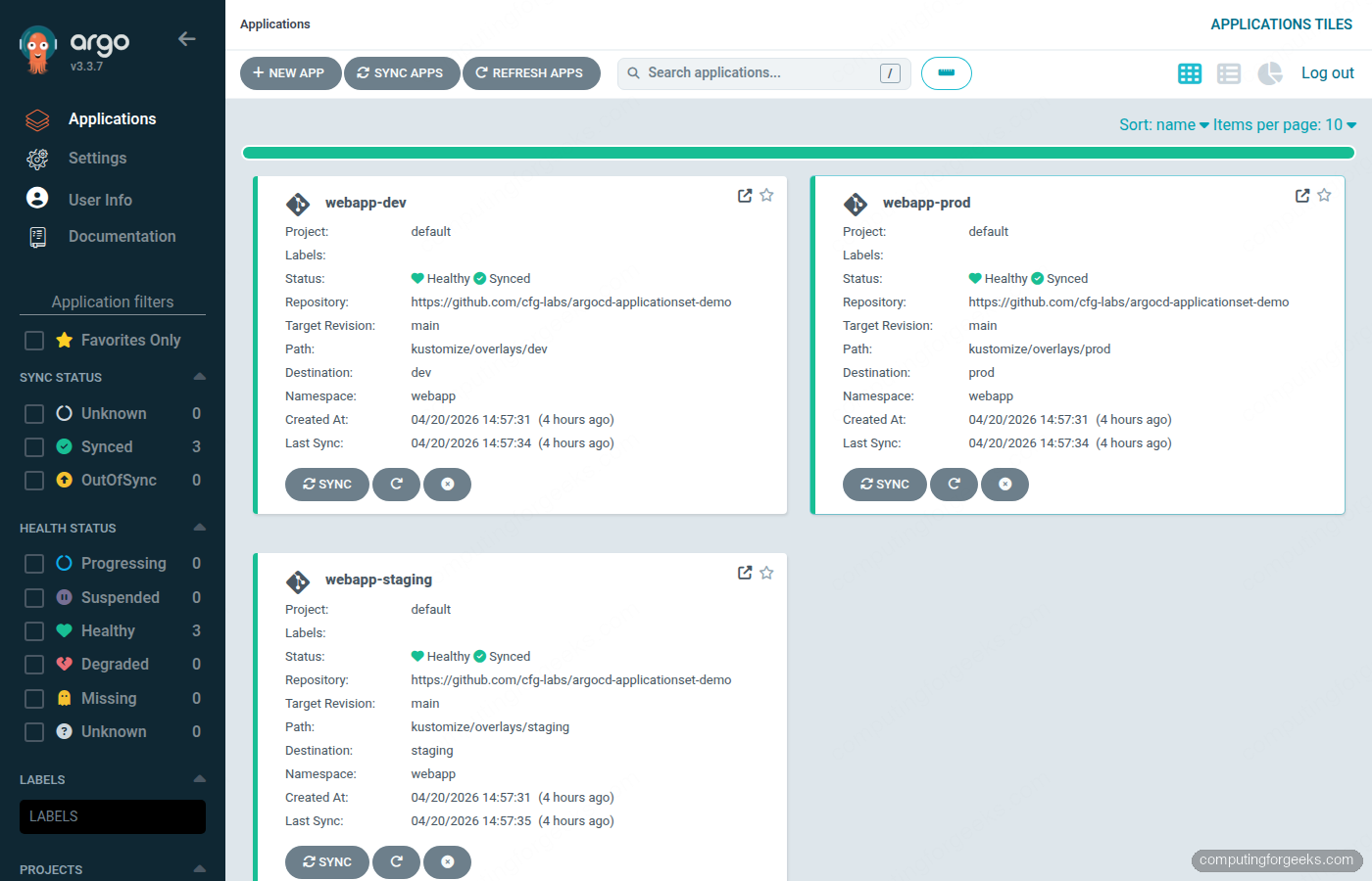 ArgoCD dashboard showing webapp-prod, webapp-staging, webapp-dev all Synced Healthy