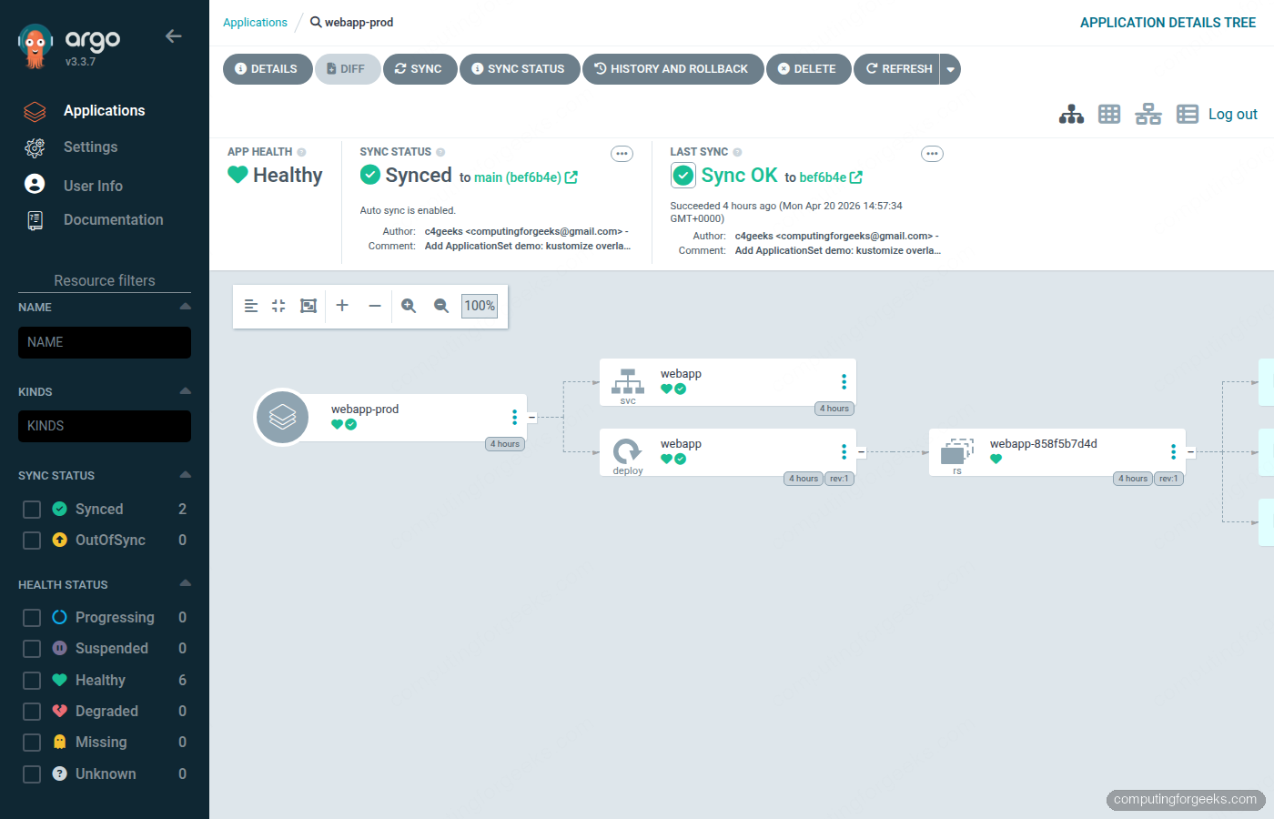 kubectl showing 3 replicas on prod, 2 on staging, 1 on dev after kustomize overlay sync