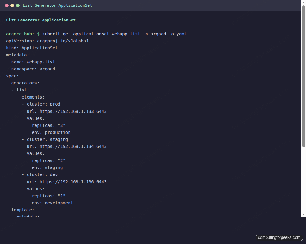 ArgoCD ApplicationSet YAML with list generator elements for 3 clusters