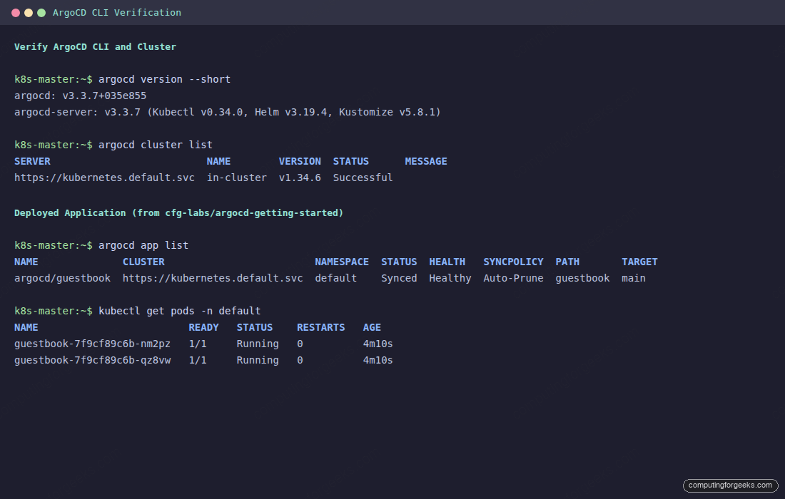 Terminal showing argocd version argocd cluster list and argocd app list output for guestbook