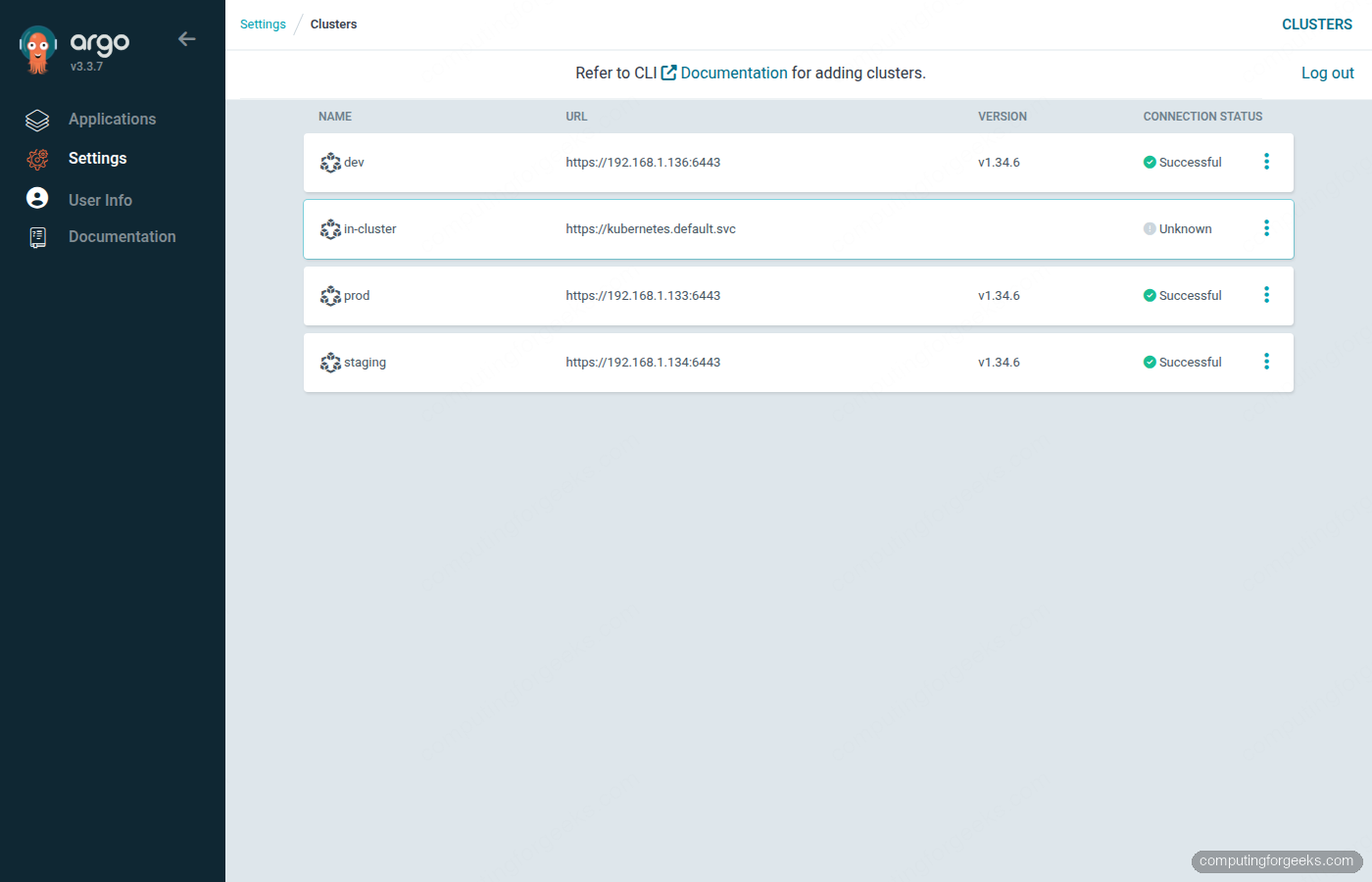 ArgoCD CLI showing 4 registered clusters: hub, prod, staging, dev on Ubuntu 24.04