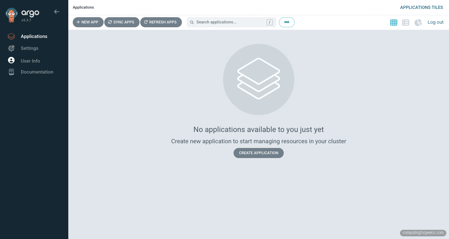 ArgoCD Applications dashboard showing no applications available yet with Create Application button