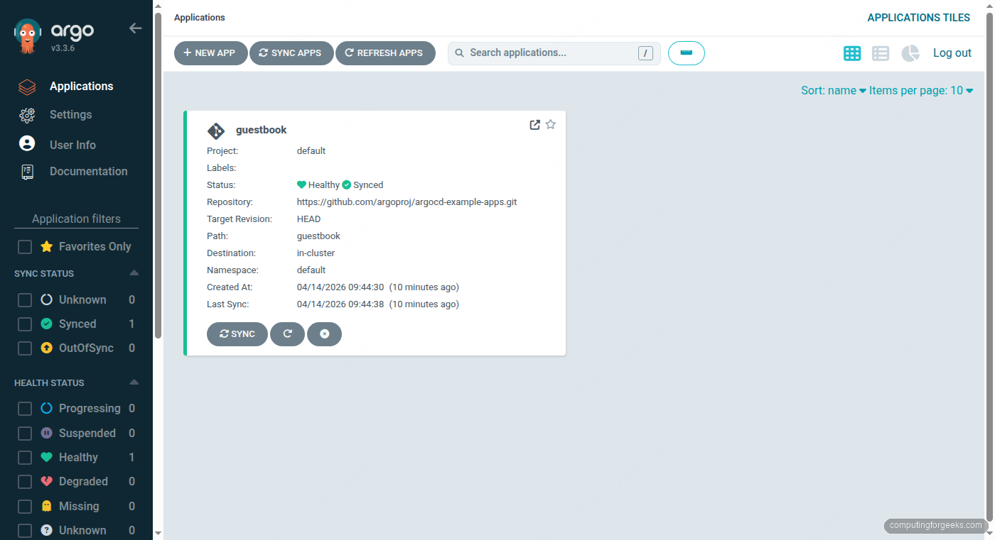Install ArgoCD on Ubuntu 26.04 LTS 3 ArgoCD dashboard showing guestbook application synced and healthy on Ubuntu 26.04