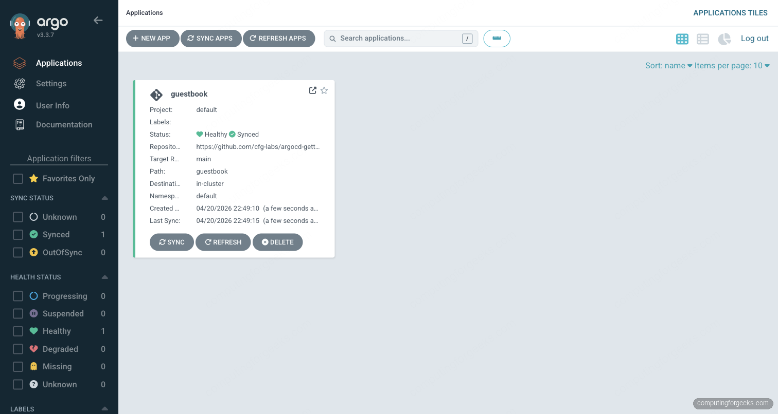 ArgoCD dashboard showing guestbook application Synced and Healthy with cfg-labs repo source