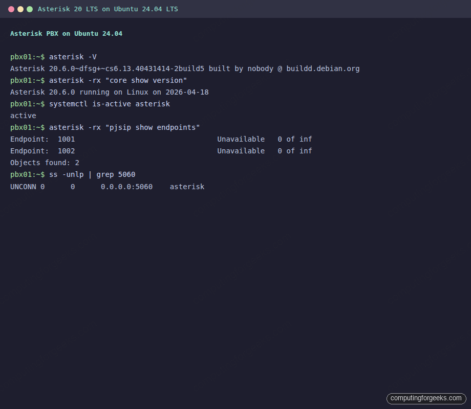 Asterisk 20 LTS running on Ubuntu 24.04 showing version, service status, PJSIP endpoints 1001 and 1002, and UDP 5060 listening