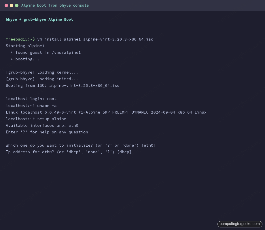 bhyve Alpine Linux install boot sequence from grub-bhyve on FreeBSD 15