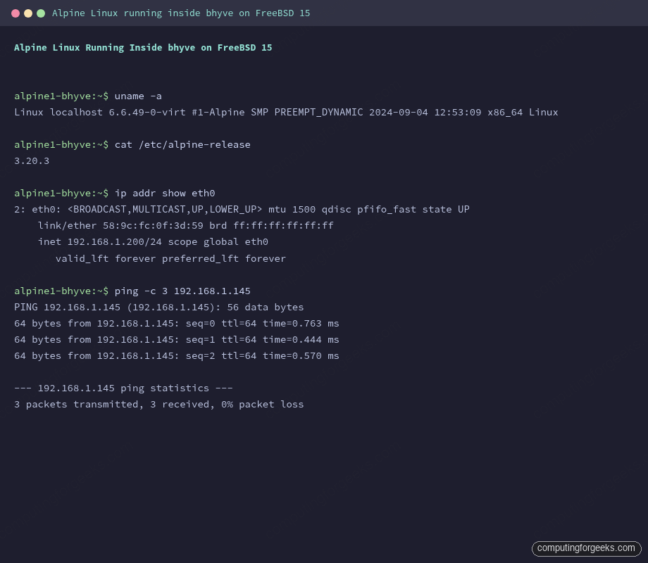 Alpine Linux uname and ip addr output running inside bhyve on FreeBSD 15