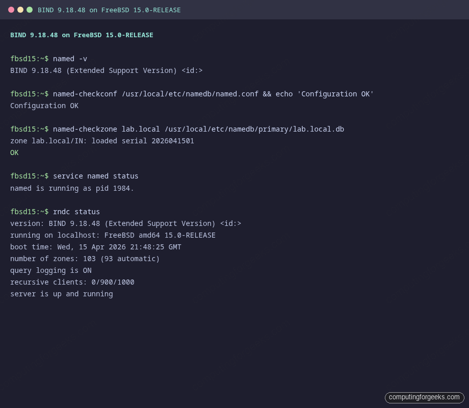 BIND 9 named service status and configuration check output on FreeBSD 15