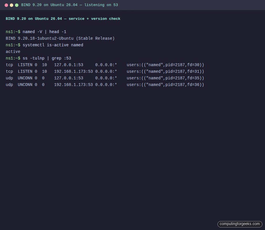 BIND 9.20 installed and listening on port 53 on Ubuntu 26.04