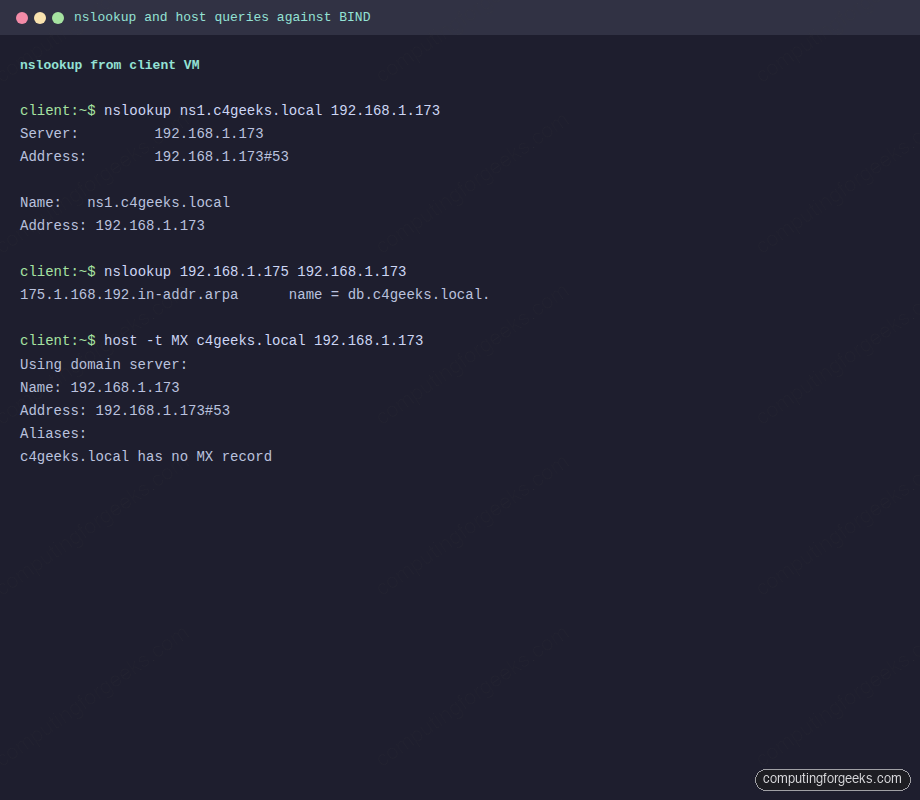 nslookup and host queries against BIND on Ubuntu 26.04 from client VM