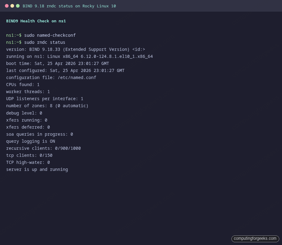 rndc status output showing BIND 9.18 running with 8 zones on Rocky Linux 10