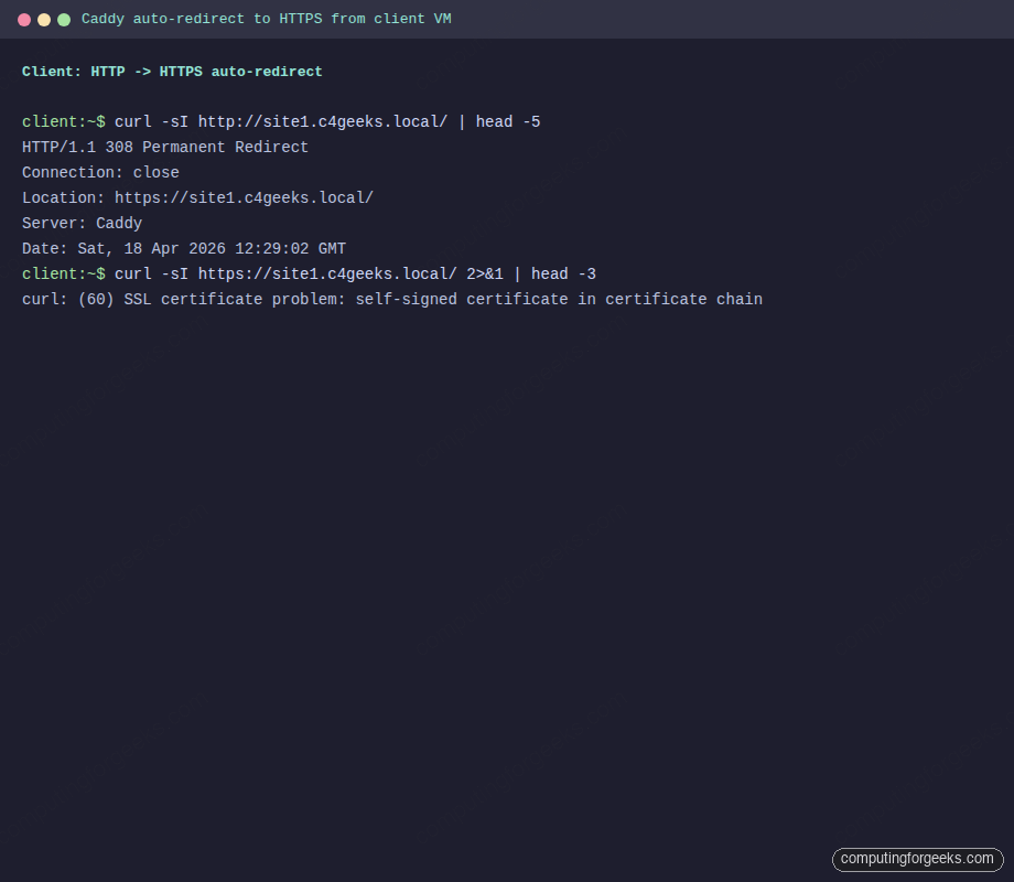 Caddy HTTP to HTTPS auto-redirect verified from client VM on Ubuntu 26.04