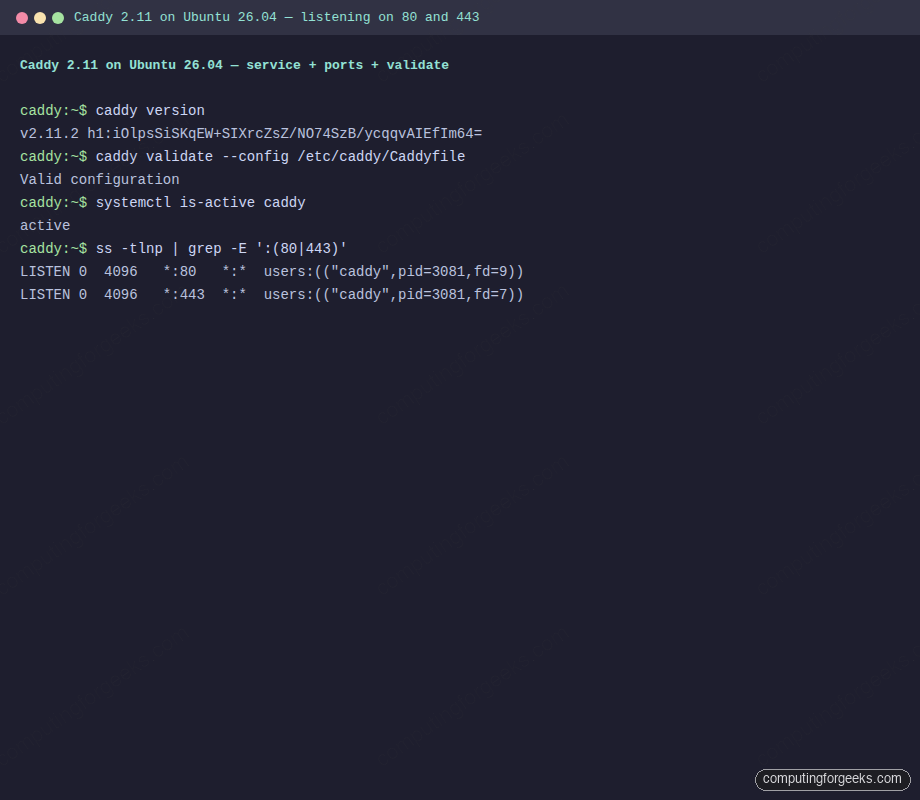 Caddy 2.11 installed on Ubuntu 26.04 with validated config and listening sockets
