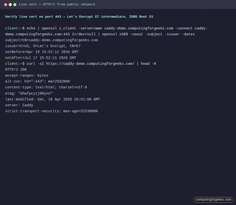 Live Let's Encrypt cert and HTTP/2 verified with openssl s_client and curl