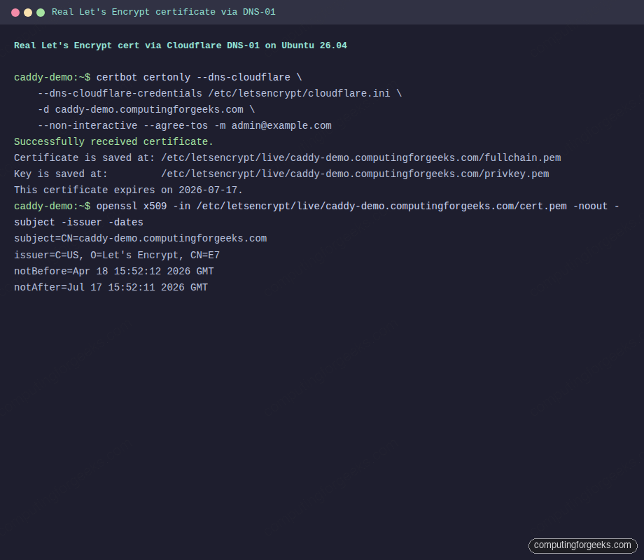 Real Let's Encrypt certificate via Cloudflare DNS-01 on Ubuntu 26.04
