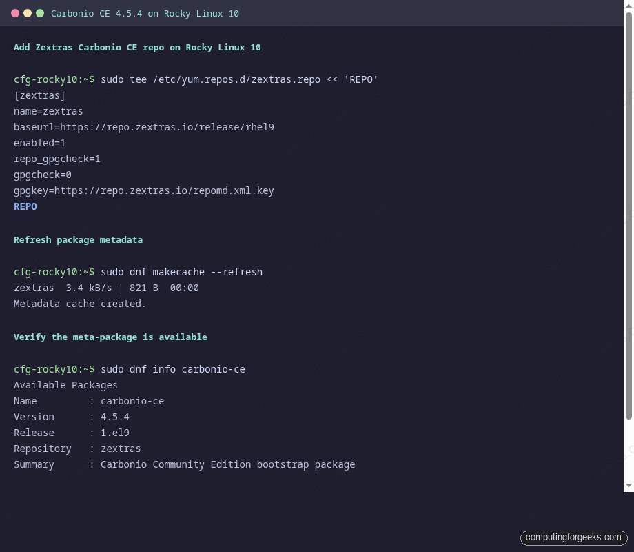 Carbonio CE repository setup and package query on Rocky Linux 10