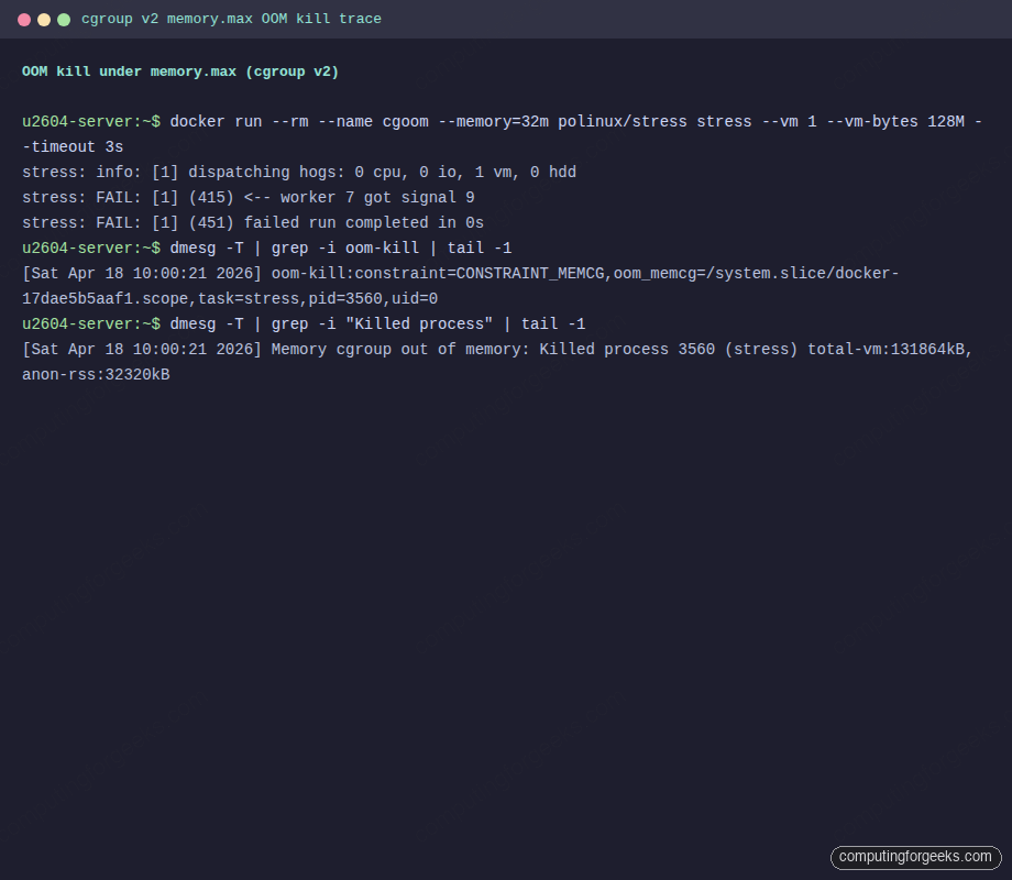 cgroup v2 memory max OOM kill trace in dmesg on Ubuntu 26.04