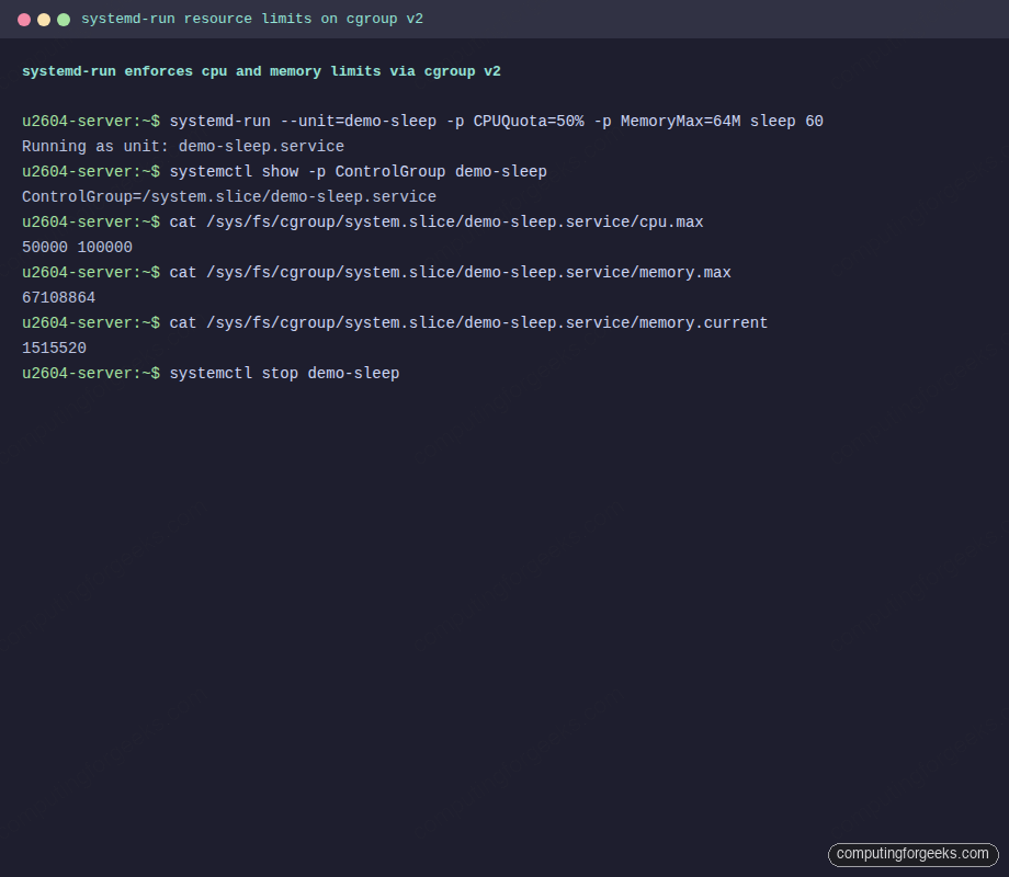 systemd-run transient unit with CPU and memory limits enforced by cgroup v2