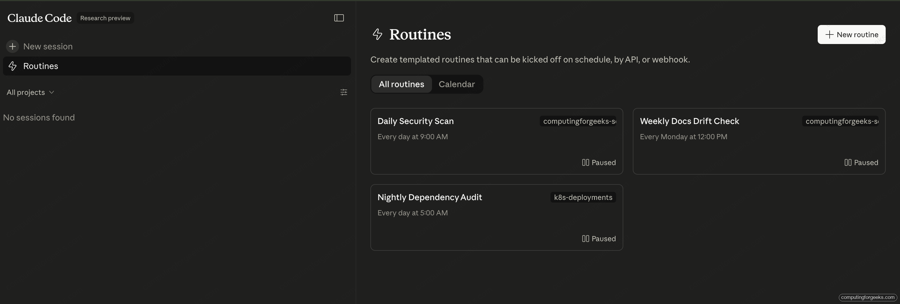 Claude Code Routines web dashboard at claude.ai showing three scheduled routines with status and schedule details
