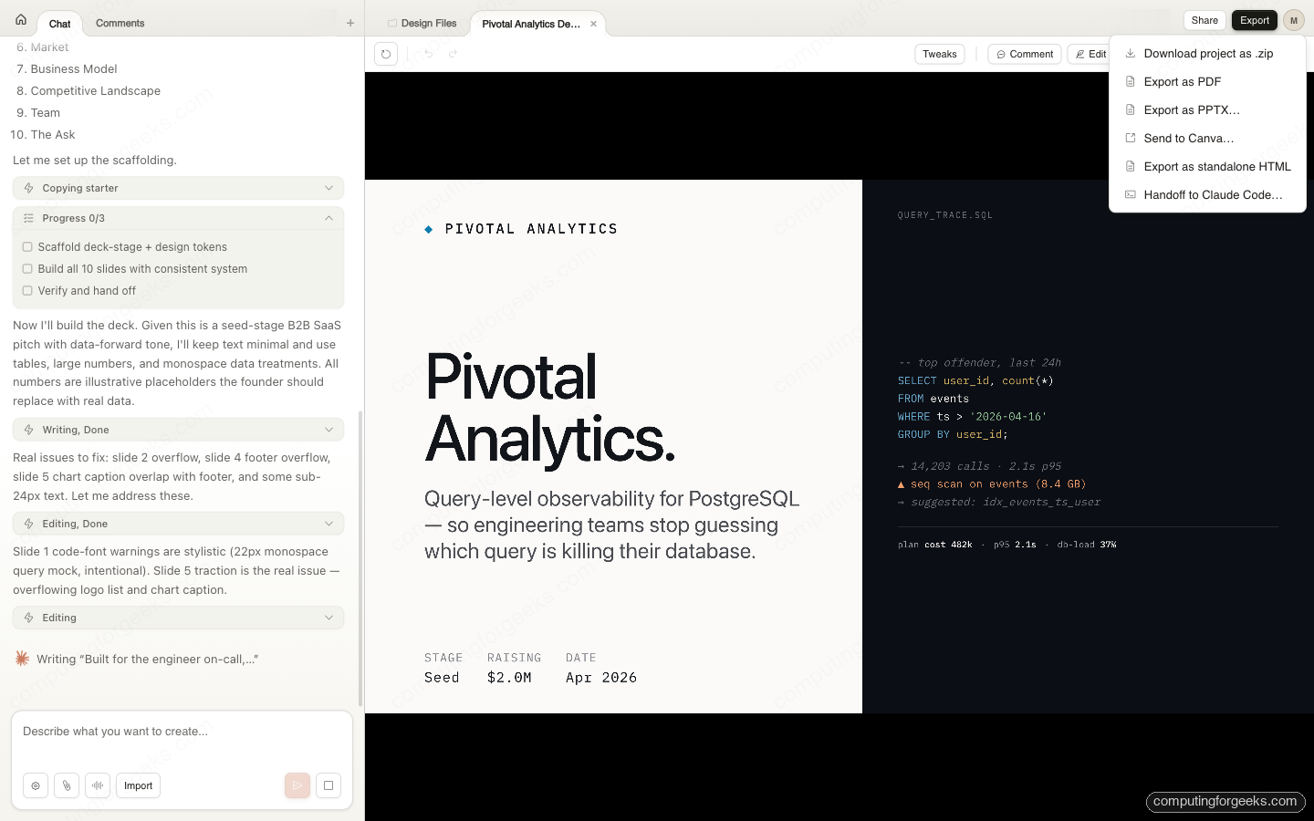 Claude Design Export menu showing six output formats