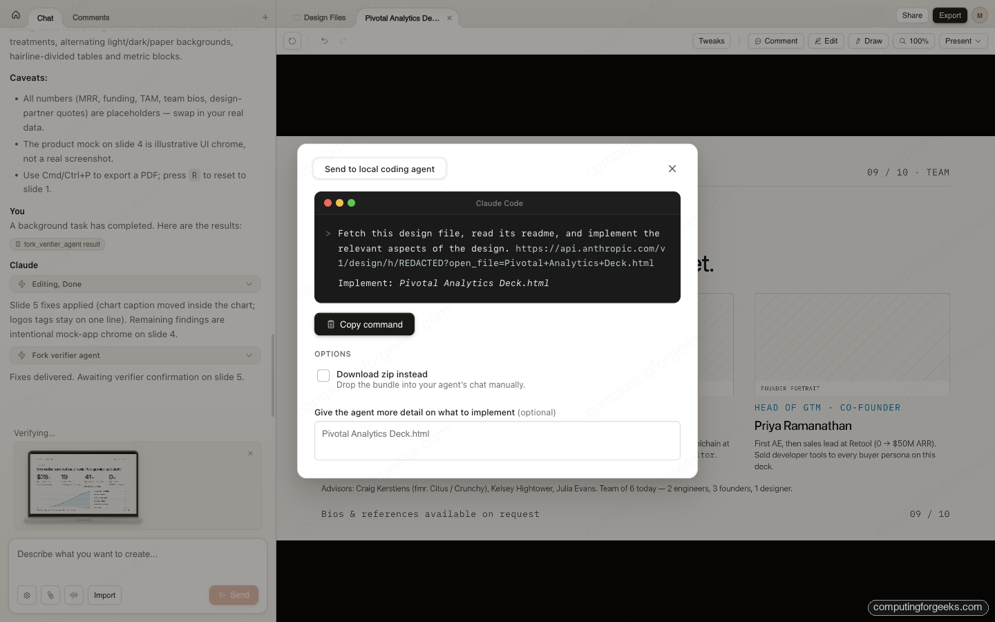 Claude Design handoff to Claude Code command