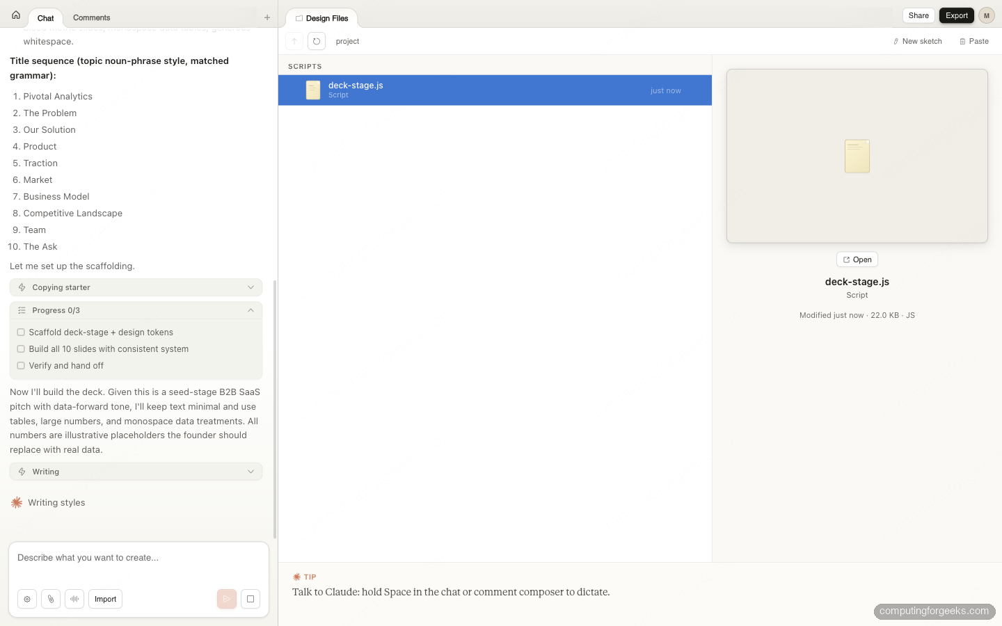 Claude Design planning phase and deck-stage.js scaffold