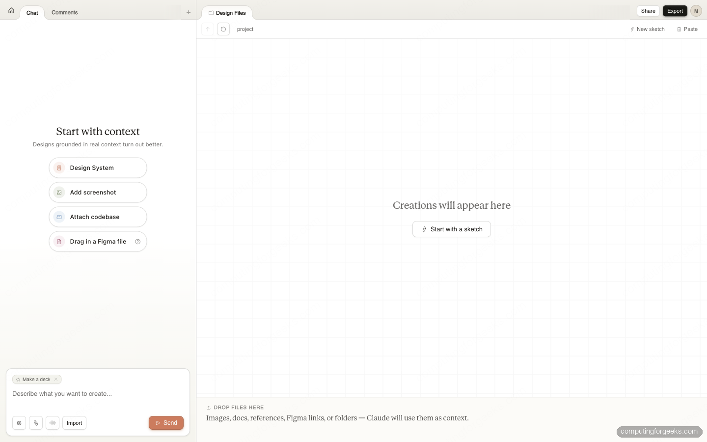 Claude Design project workspace with context upload options